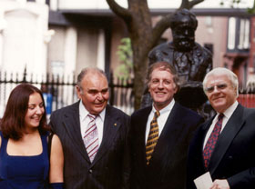 Dvorák Day, Sept. 13, 1997. (Right to left) Violinist Josef Suk (Dvorák's great-grandson), Steven Richman, Antonín Dvorák III (grandson), Markéta Dvorák (great-great granddaughter) in front of Dvorák Statue, Stuyvesant Square Park, New York City.